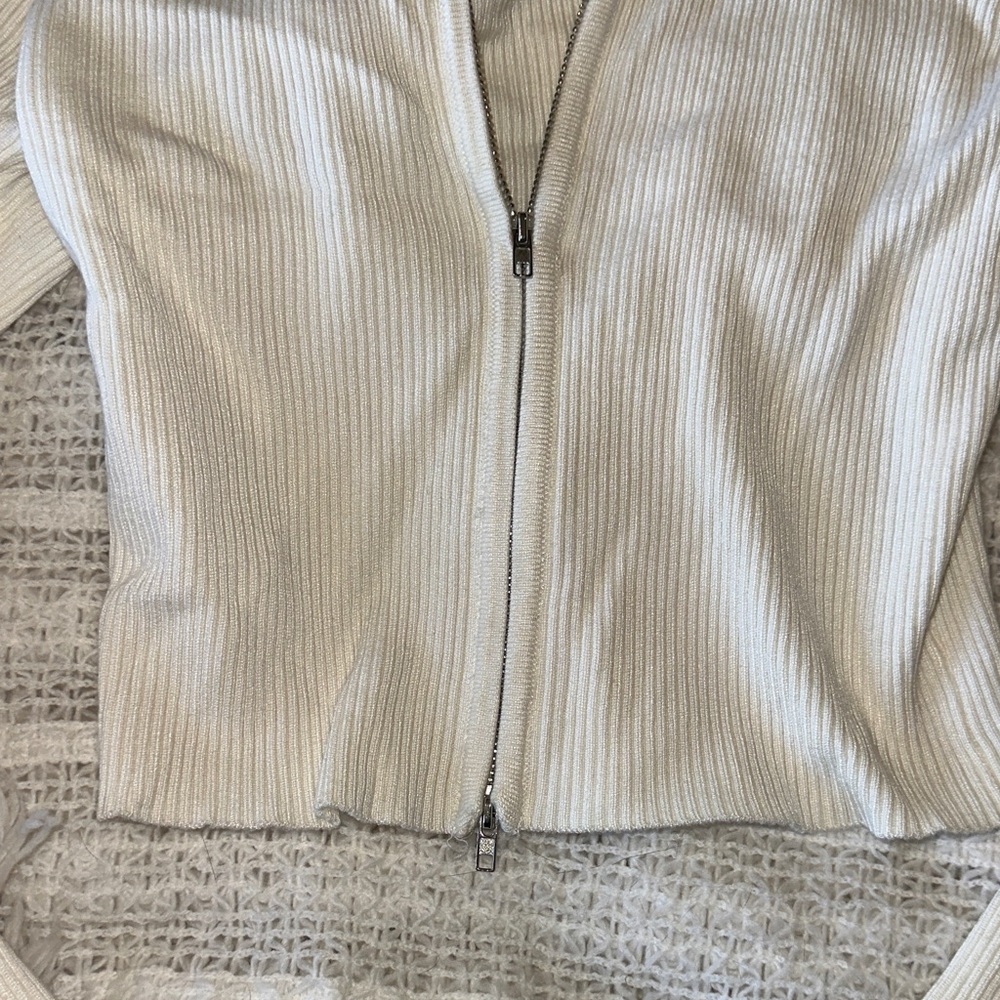 Cream Ribbed Zip-Up Cardigan - Picture 4 of 5